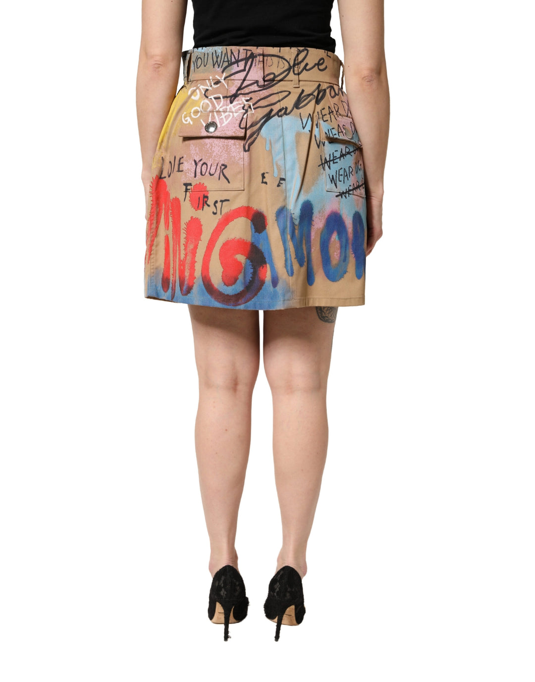 Women’s Dolce &amp; Gabbana Beige Graffiti Print Cotton Blend Mini Skirt