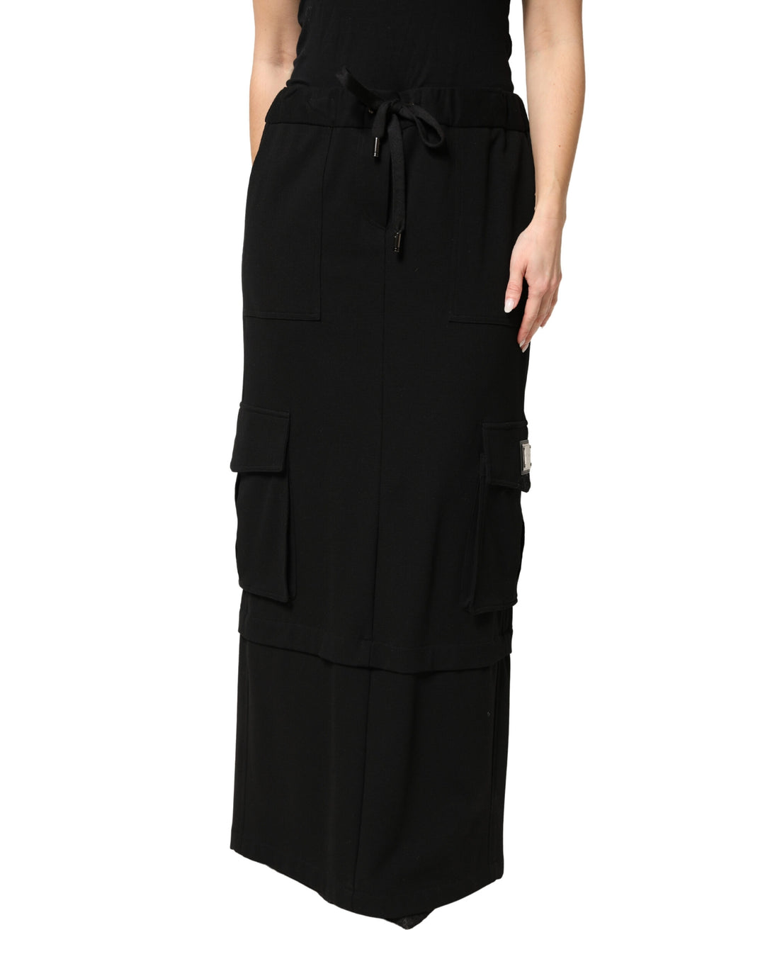 Dolce &amp; Gabbana Black Cotton Drawstring Long Maxi Cargo Skirt