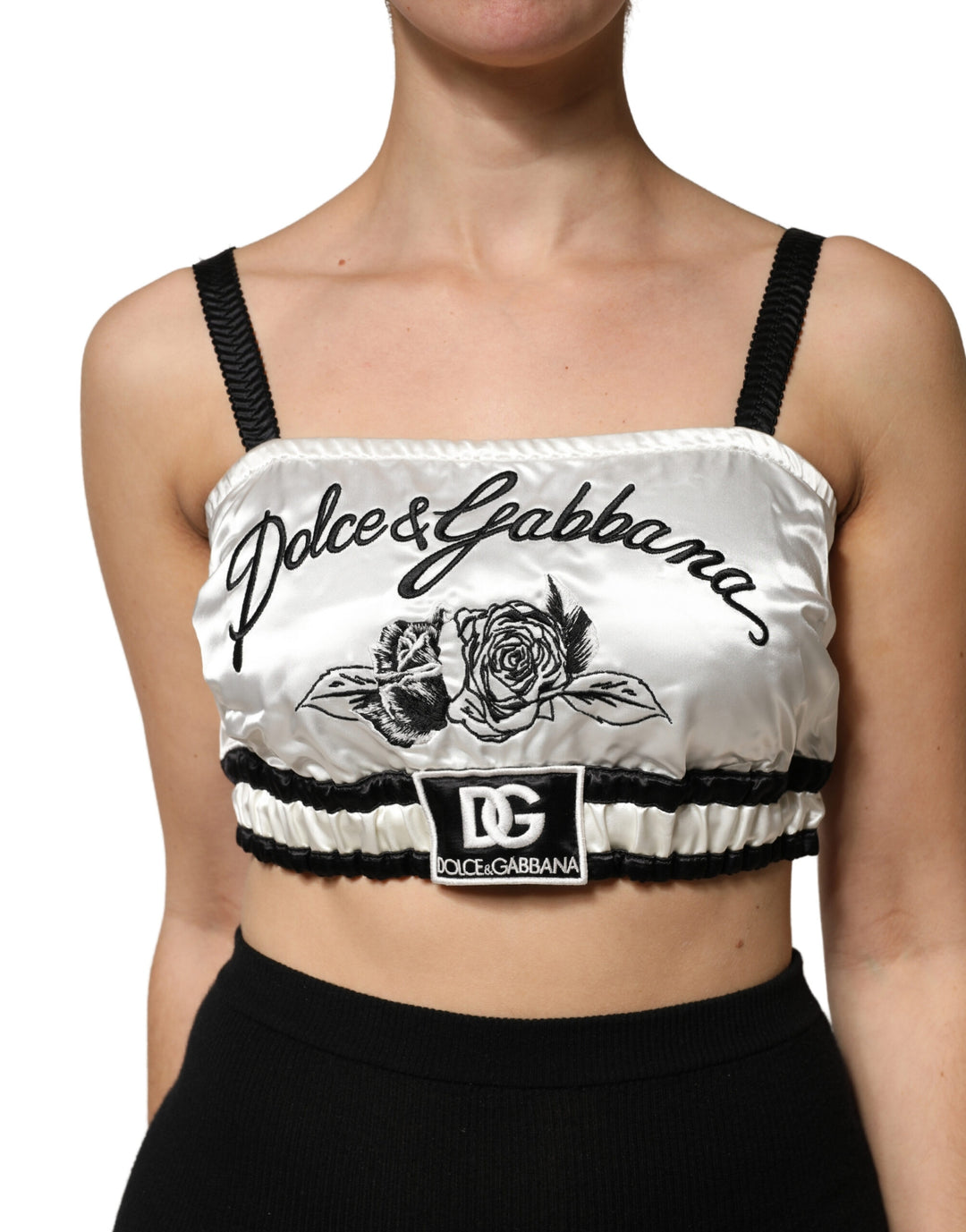 Dolce &amp; Gabbana White Silk Satin Crop Black Logo Bralette Top