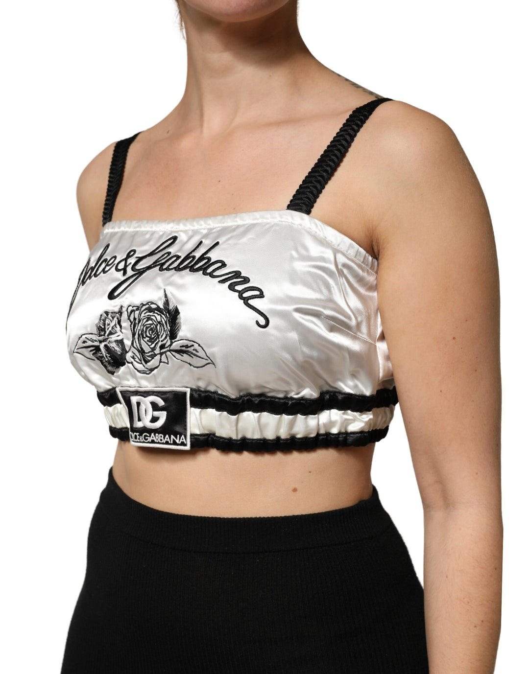 Dolce &amp; Gabbana White Silk Satin Crop Black Logo Bralette Top