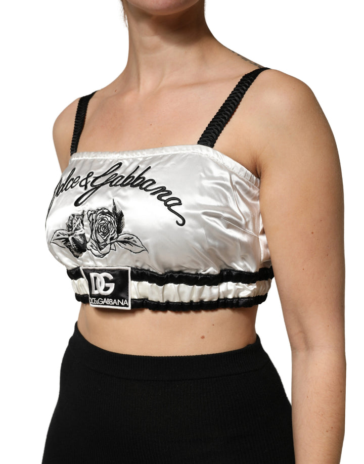 Dolce &amp; Gabbana White Silk Satin Crop Black Logo Bralette Top
