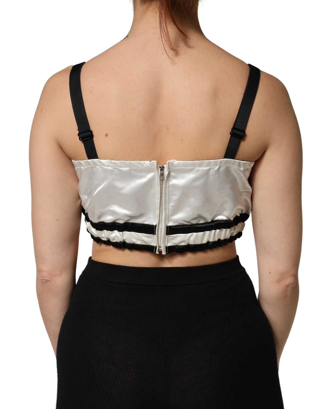 Dolce &amp; Gabbana White Silk Satin Crop Black Logo Bralette Top