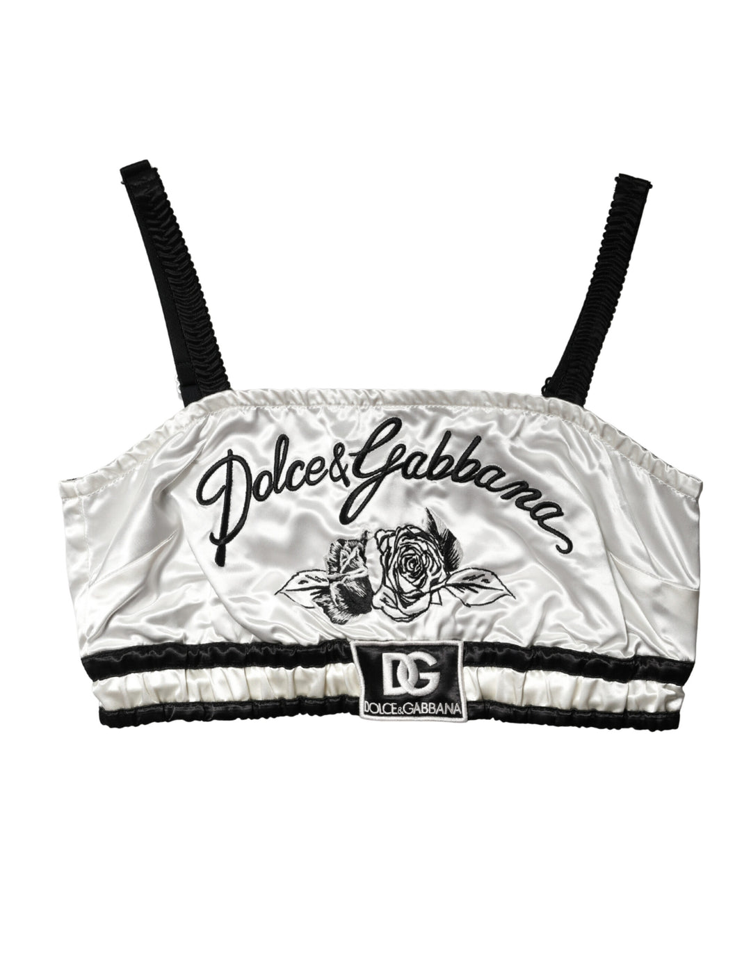 Dolce &amp; Gabbana White Silk Satin Crop Black Logo Bralette Top
