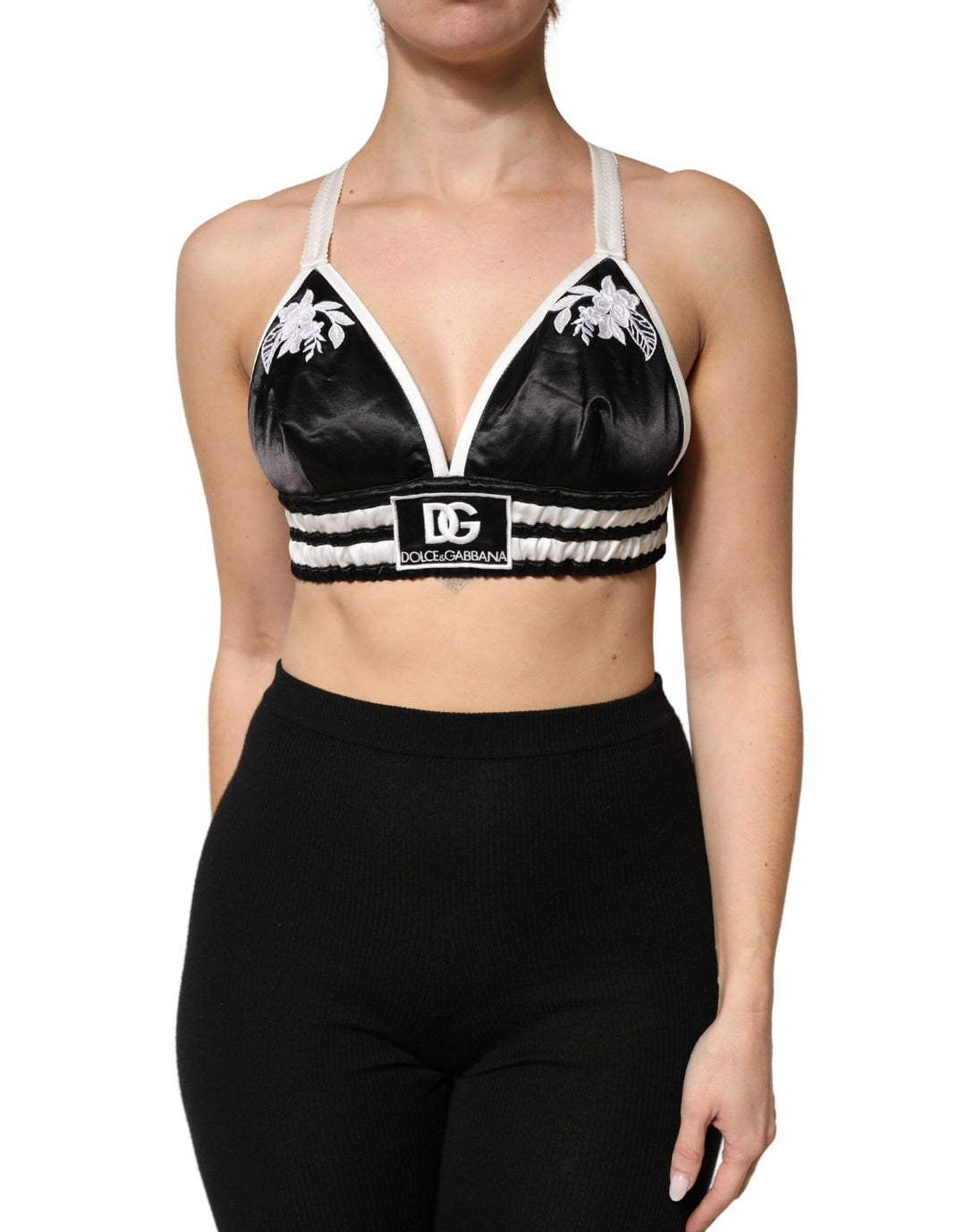 Dolce &amp; Gabbana Black Floral Silk Satin Crop Logo Bralette Top