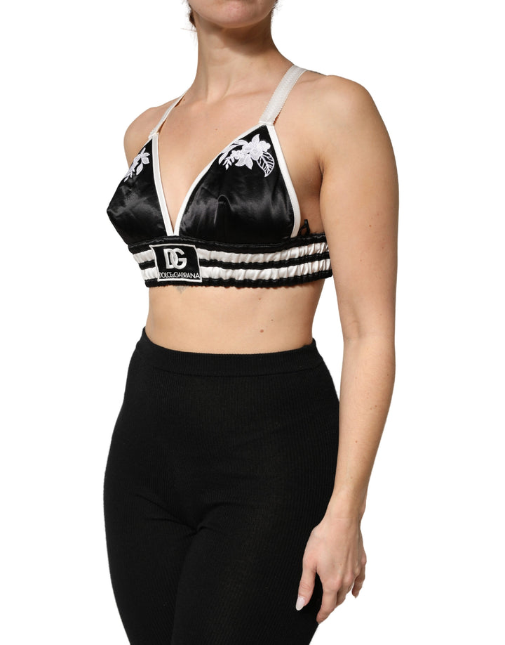 Dolce &amp; Gabbana Black Floral Silk Satin Crop Logo Bralette Top