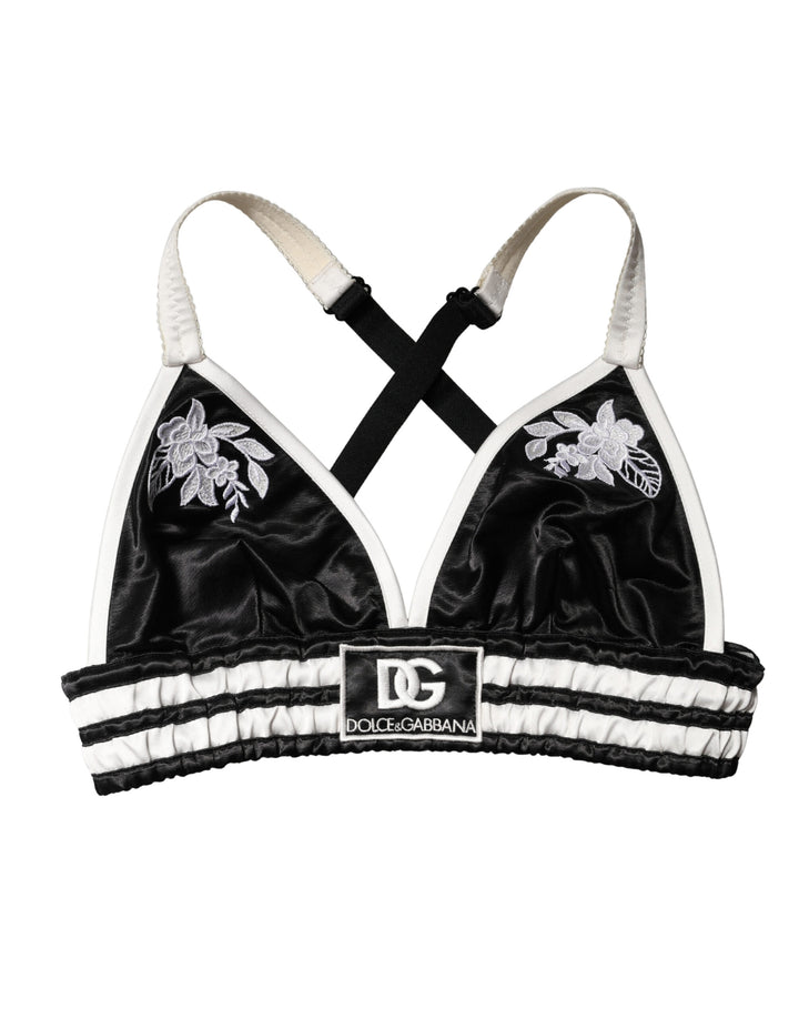 Dolce &amp; Gabbana Black Floral Silk Satin Crop Logo Bralette Top