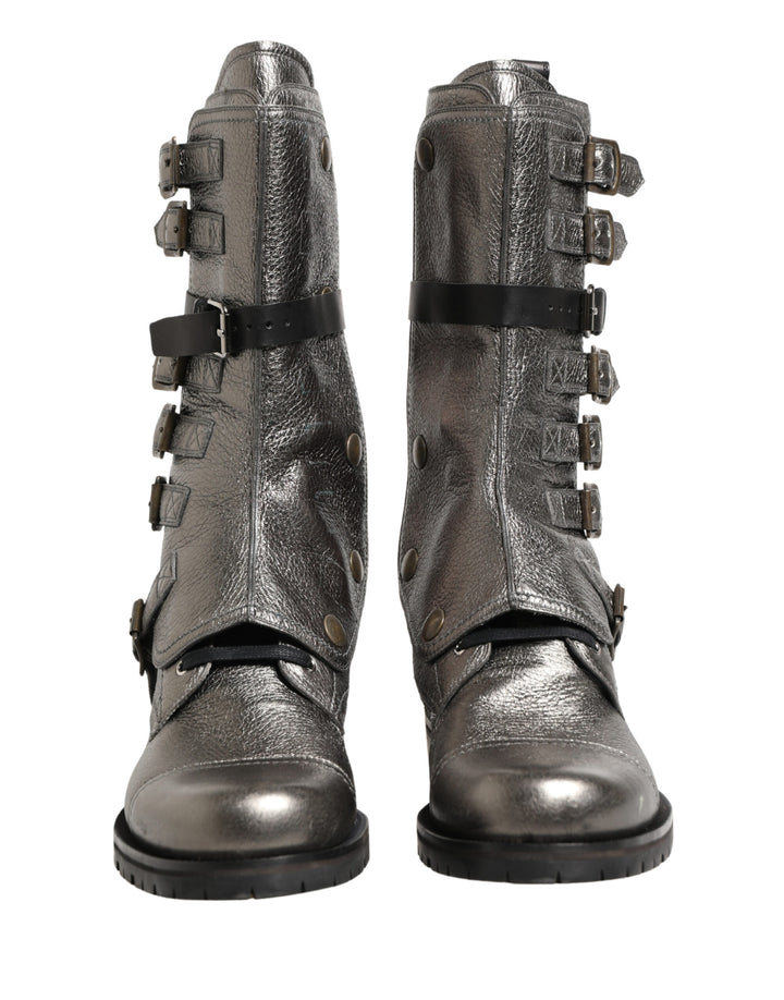 Dolce &amp; Gabbana Metallic Leather Buckle Combat Boots Shoes