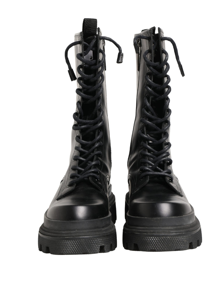 Dolce &amp; Gabbana Black Leather Trek Sole Combat Boots Shoes