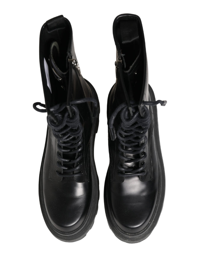 Dolce &amp; Gabbana Black Leather Trek Sole Combat Boots Shoes