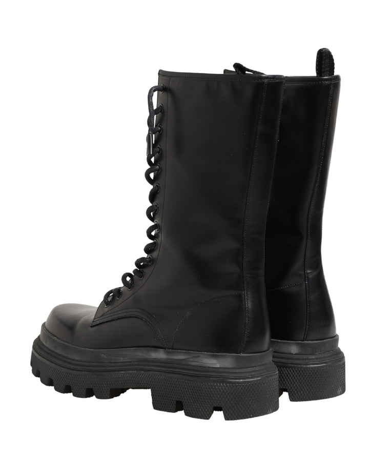 Dolce &amp; Gabbana Black Leather Trek Sole Combat Boots Shoes