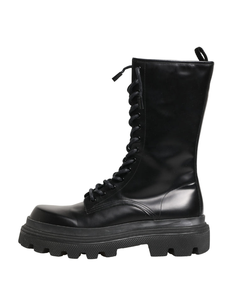 Dolce &amp; Gabbana Black Leather Trek Sole Combat Boots Shoes