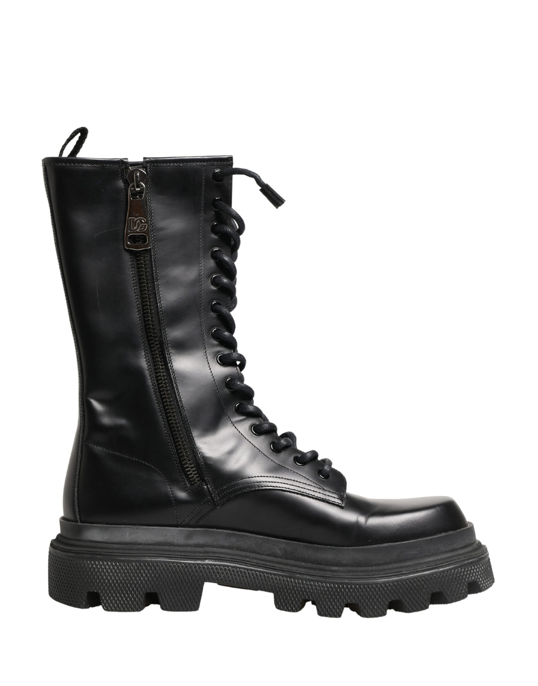 Dolce &amp; Gabbana Black Leather Trek Sole Combat Boots Shoes
