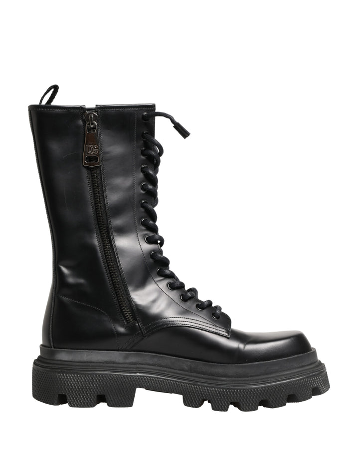 Dolce &amp; Gabbana Black Leather Trek Sole Combat Boots Shoes