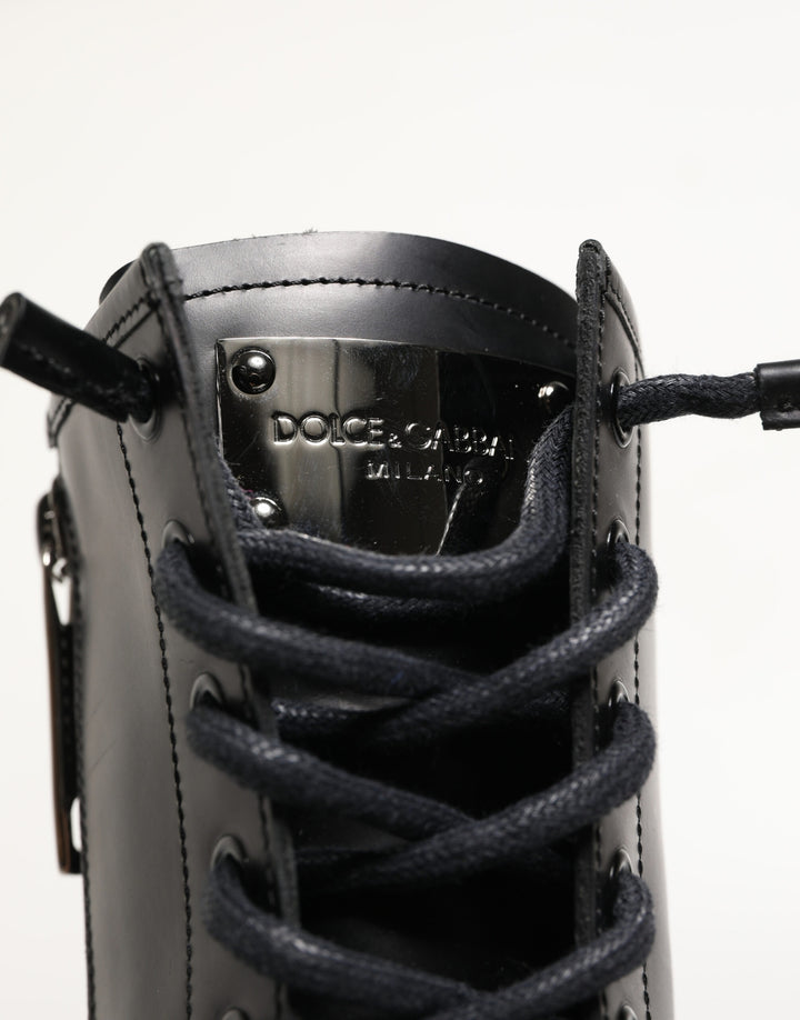 Dolce &amp; Gabbana Black Leather Trek Sole Combat Boots Shoes