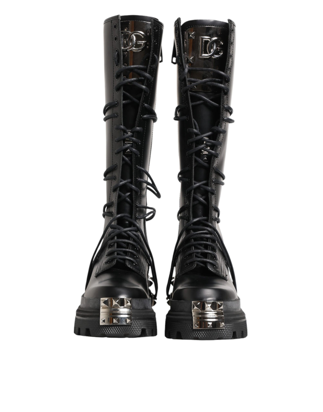 Dolce &amp; Gabbana Black Leather Knee High Combat Boots Shoes