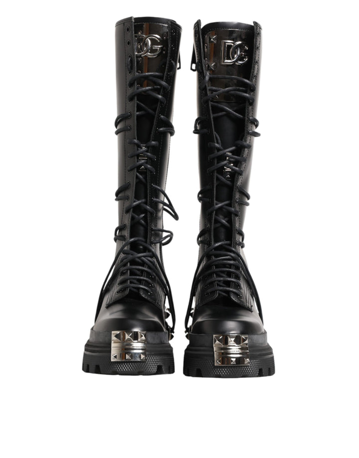 Dolce &amp; Gabbana Black Leather Knee High Combat Boots Shoes