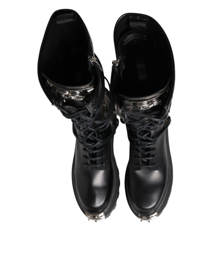 Dolce &amp; Gabbana Black Leather Knee High Combat Boots Shoes