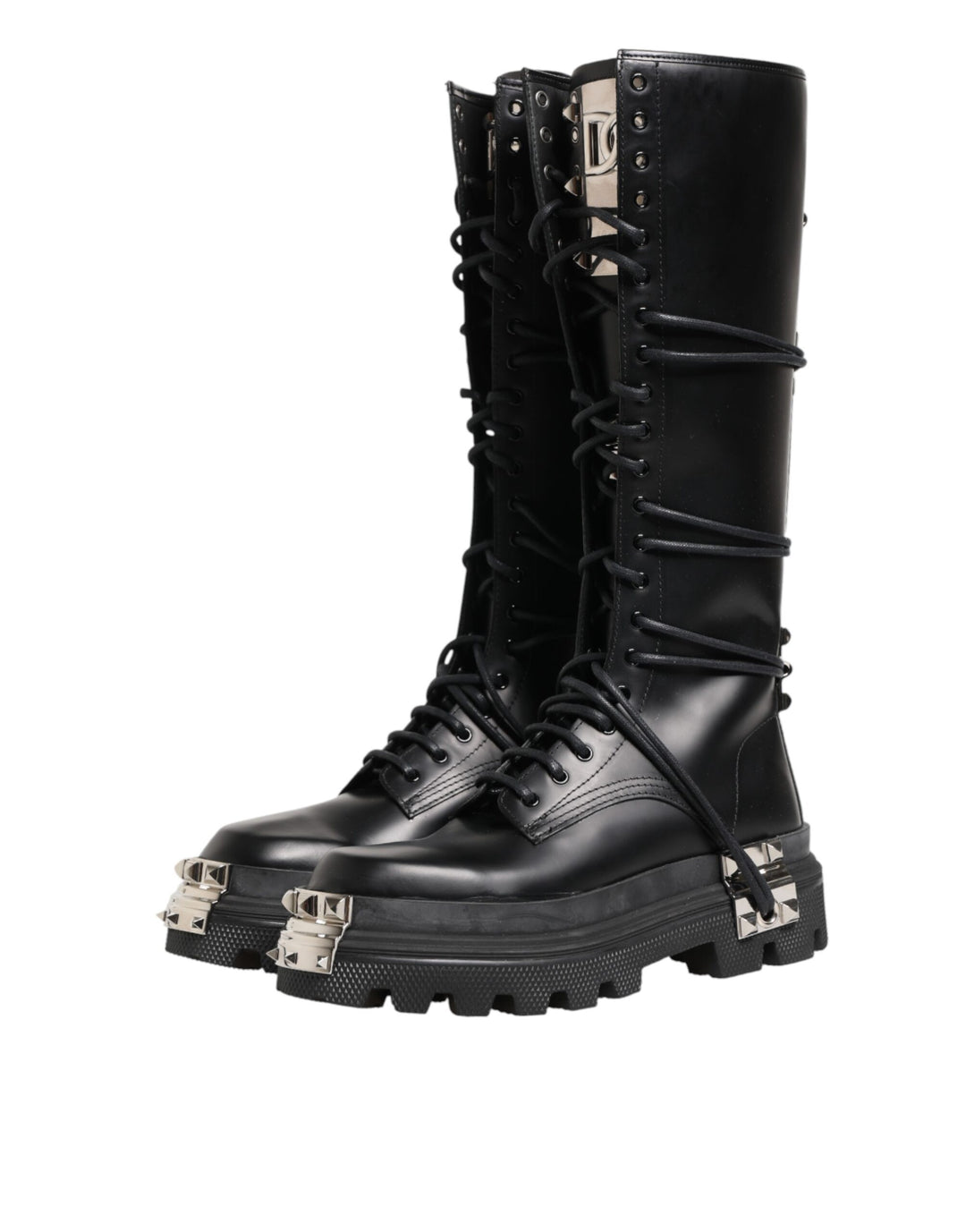 Dolce &amp; Gabbana Black Leather Knee High Combat Boots Shoes