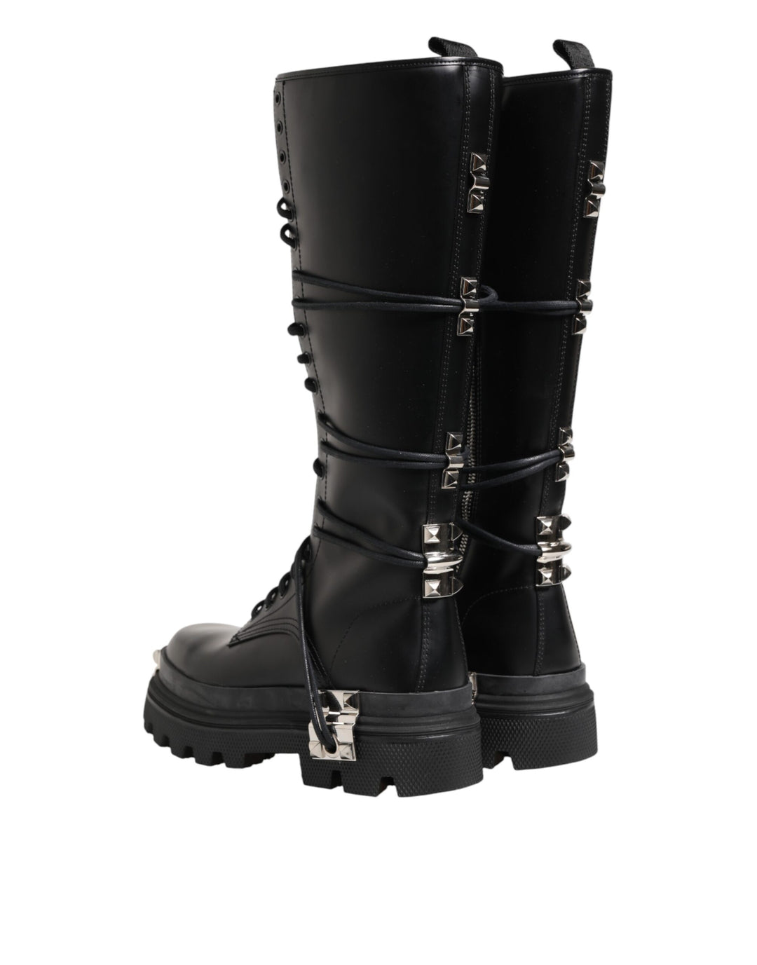 Dolce &amp; Gabbana Black Leather Knee High Combat Boots Shoes