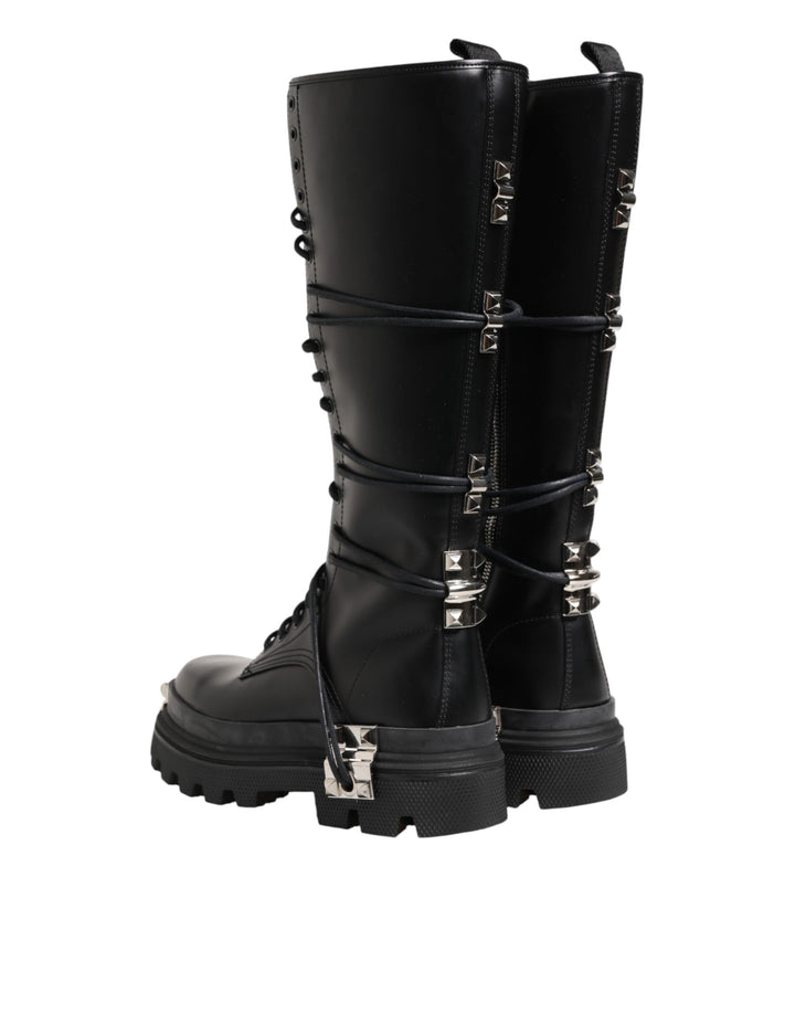 Dolce &amp; Gabbana Black Leather Knee High Combat Boots Shoes