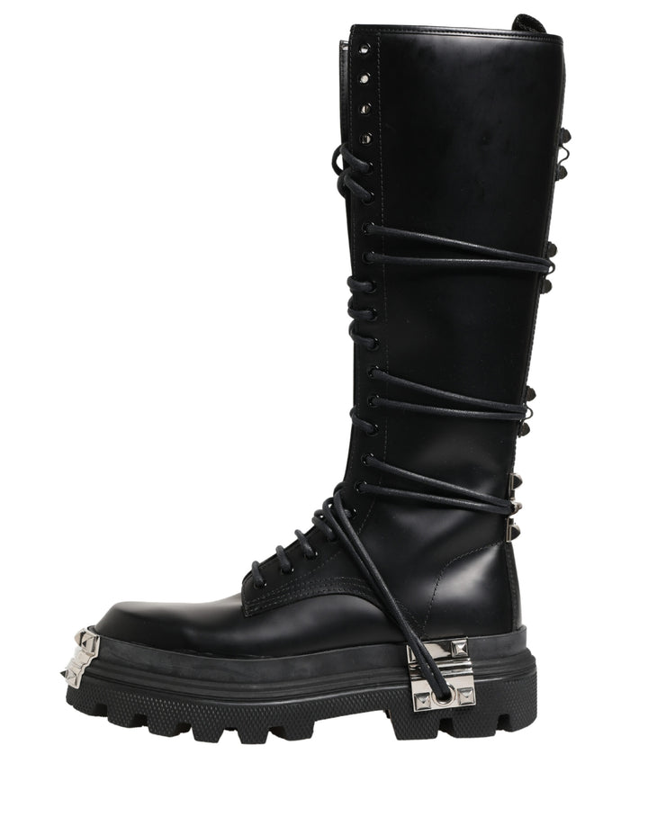 Dolce &amp; Gabbana Black Leather Knee High Combat Boots Shoes