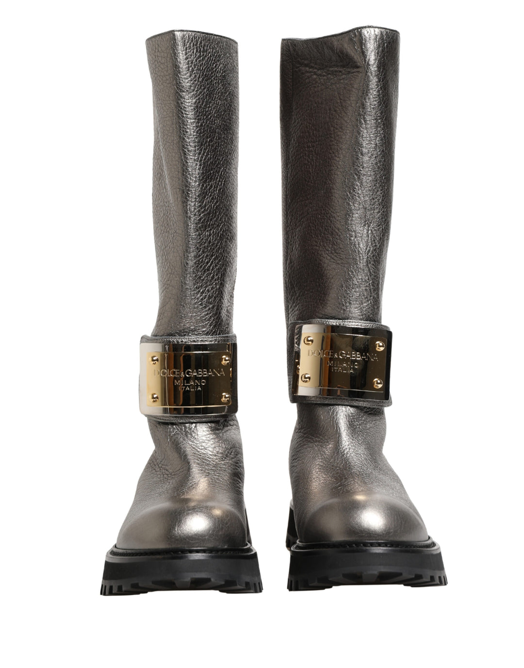 Dolce &amp; Gabbana Metallic Silver Leather Mid Calf Boots Shoes