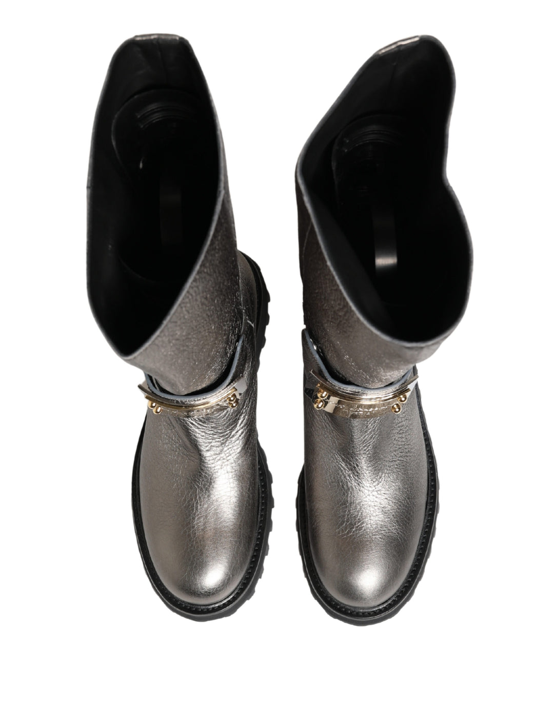 Dolce &amp; Gabbana Metallic Silver Leather Mid Calf Boots Shoes