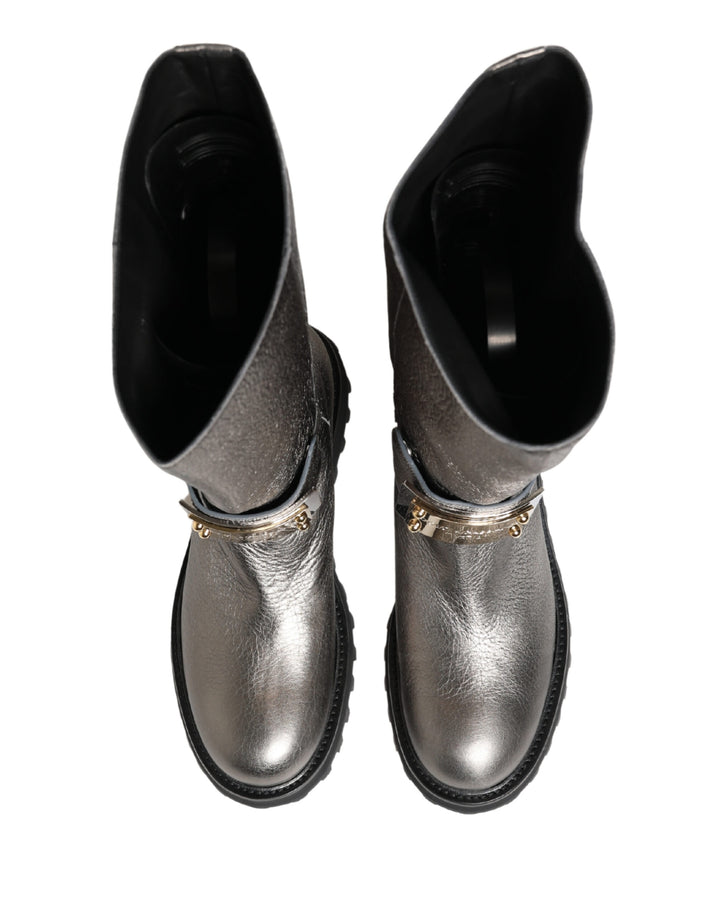 Dolce &amp; Gabbana Metallic Silver Leather Mid Calf Boots Shoes