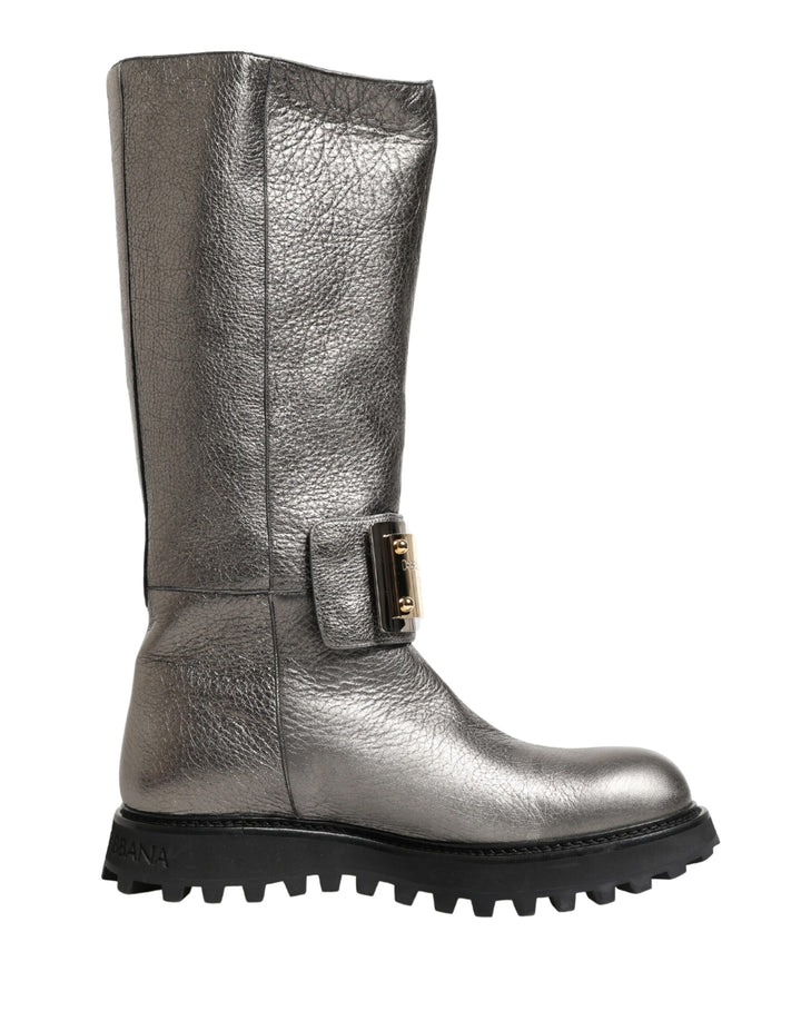 Dolce &amp; Gabbana Metallic Silver Leather Mid Calf Boots Shoes