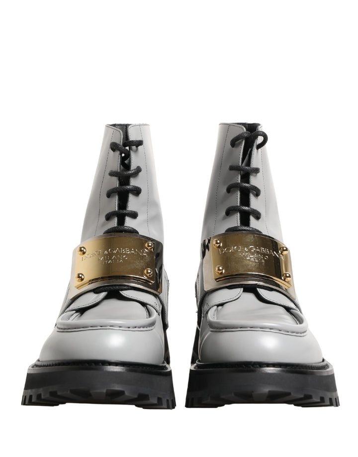 Dolce &amp; Gabbana Gray Leather Logo Plaque Ankle Boots Shoes