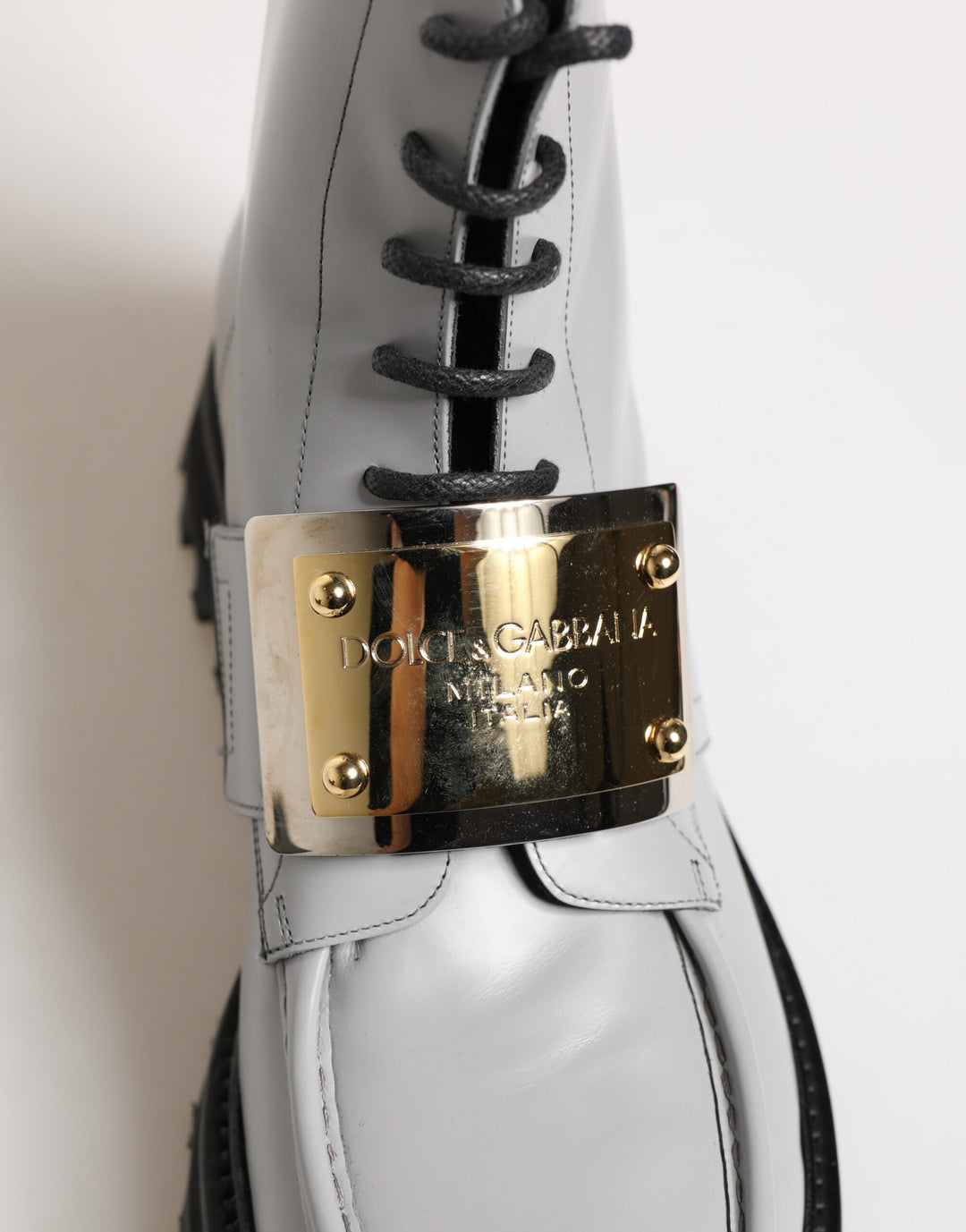 Dolce &amp; Gabbana Gray Leather Logo Plaque Ankle Boots Shoes