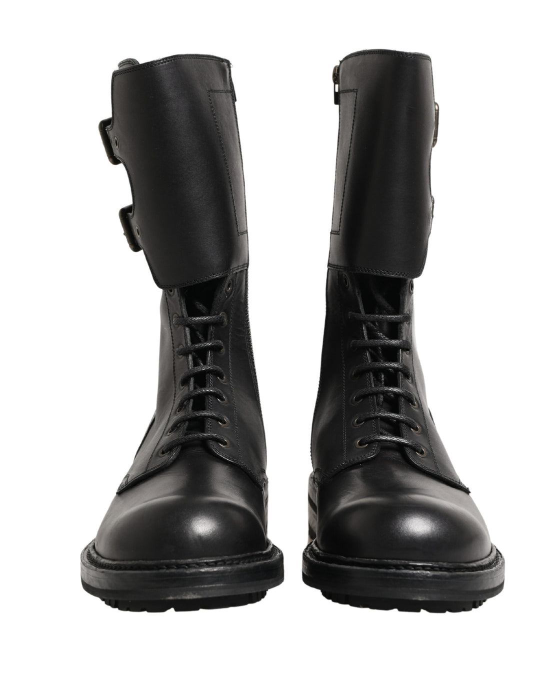 Dolce &amp; Gabbana Black Leather Belted Buckle Combat Boots Shoes