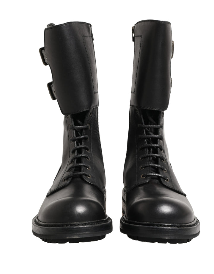 Dolce &amp; Gabbana Black Leather Belted Buckle Combat Boots Shoes
