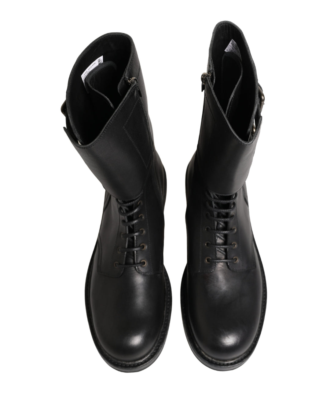Dolce &amp; Gabbana Black Leather Belted Buckle Combat Boots Shoes