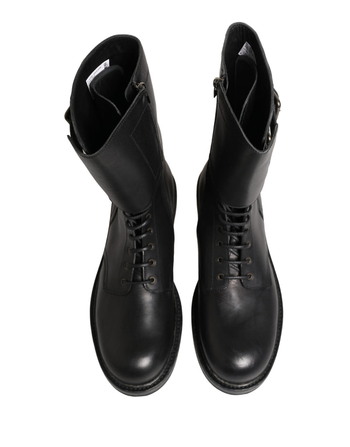 Dolce &amp; Gabbana Black Leather Belted Buckle Combat Boots Shoes