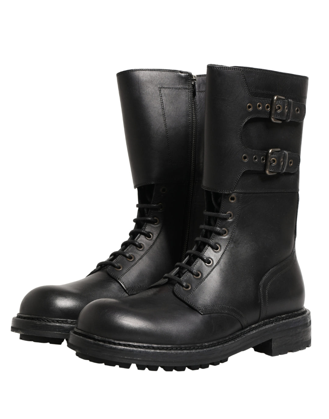 Dolce &amp; Gabbana Black Leather Belted Buckle Combat Boots Shoes