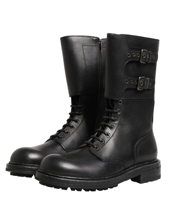 Dolce &amp; Gabbana Black Leather Belted Buckle Combat Boots Shoes
