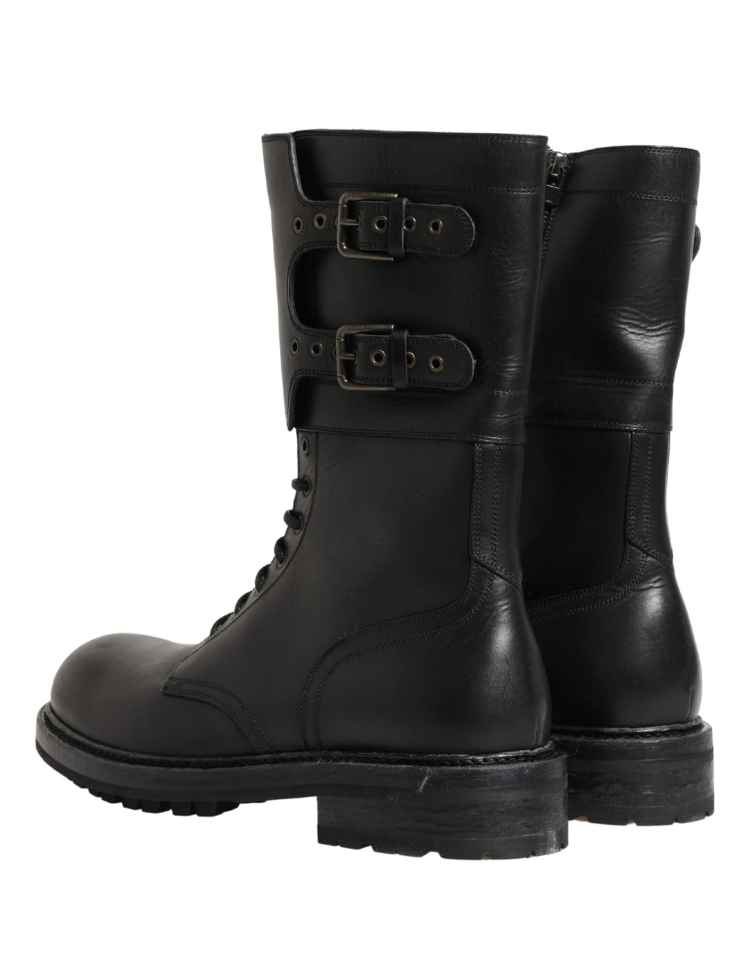 Dolce &amp; Gabbana Black Leather Belted Buckle Combat Boots Shoes
