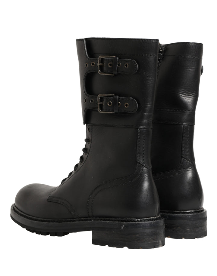 Dolce &amp; Gabbana Black Leather Belted Buckle Combat Boots Shoes