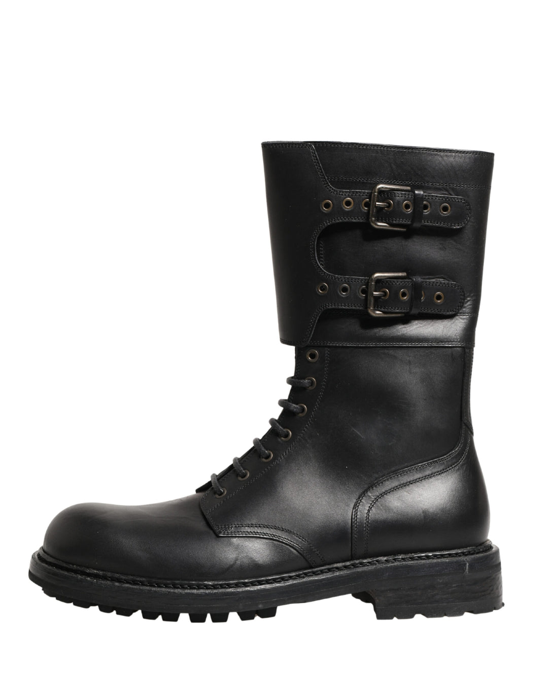 Dolce &amp; Gabbana Black Leather Belted Buckle Combat Boots Shoes