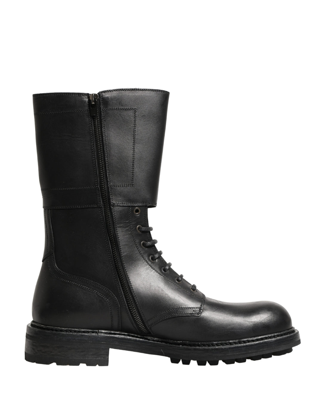 Dolce &amp; Gabbana Black Leather Belted Buckle Combat Boots Shoes