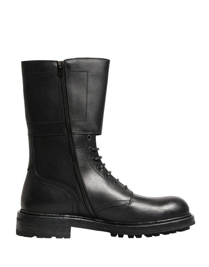 Dolce &amp; Gabbana Black Leather Belted Buckle Combat Boots Shoes