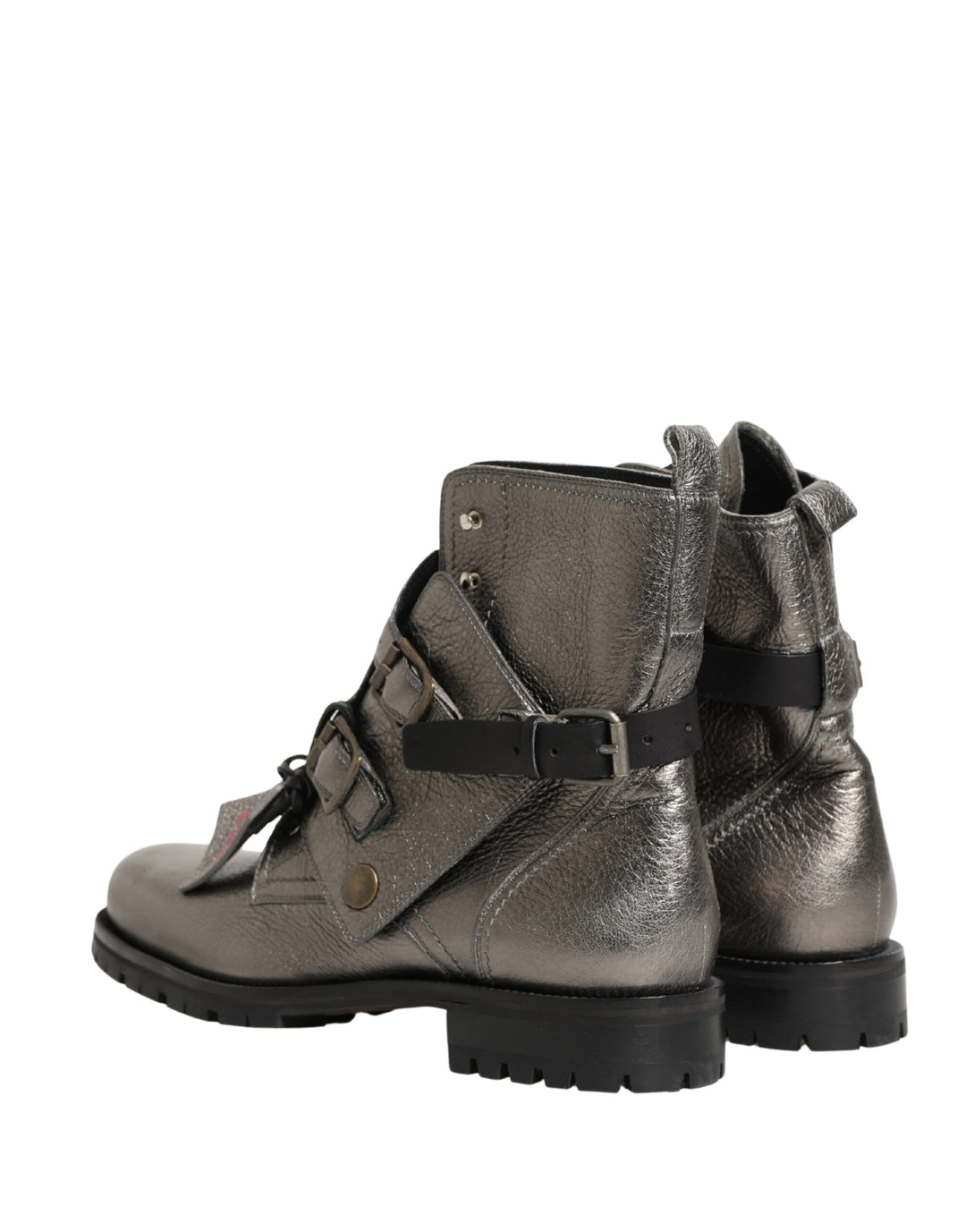 Dolce &amp; Gabbana Metallic Silver Leather Buckle Ankle Boots Shoes