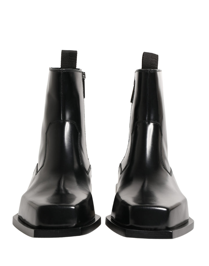 Dolce &amp; Gabbana Black Leather Zip Closure Ankle Boots Shoes
