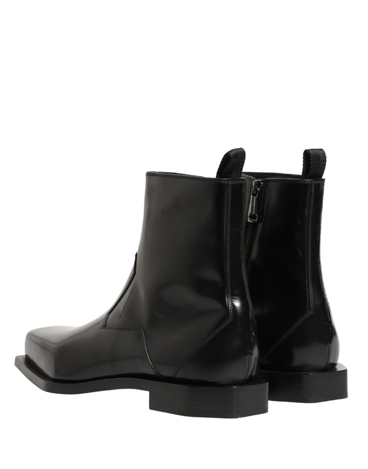 Dolce &amp; Gabbana Black Leather Zip Closure Ankle Boots Shoes