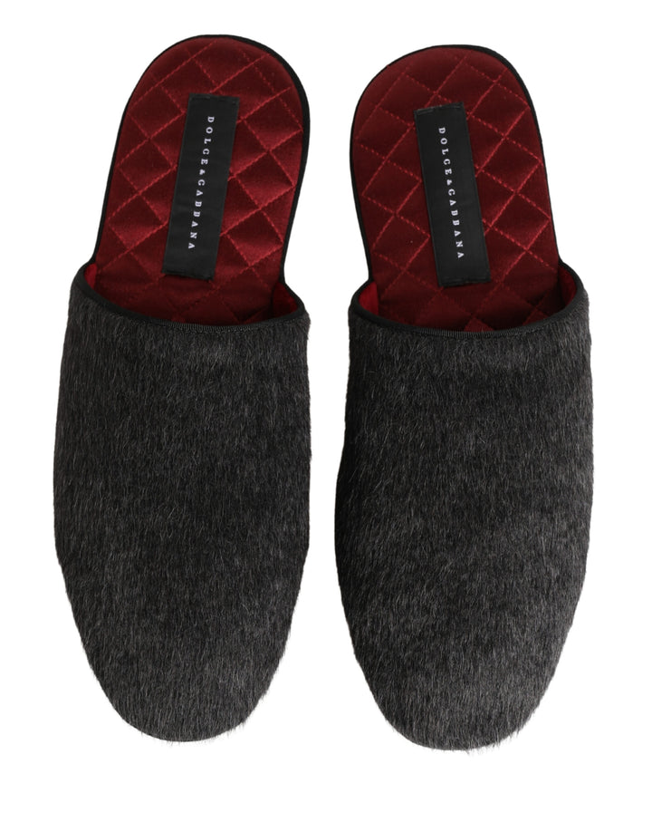 Dolce &amp; Gabbana Dark Grey Charcoal Wool Red Slippers Shoes