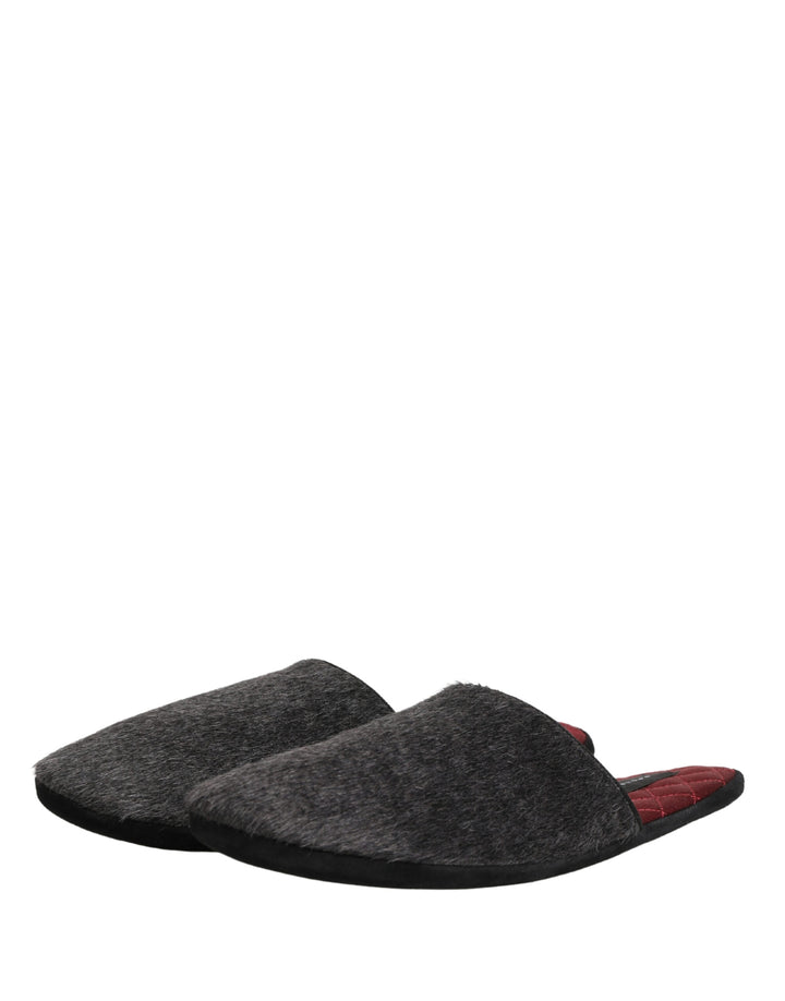 Dolce &amp; Gabbana Dark Grey Charcoal Wool Red Slippers Shoes