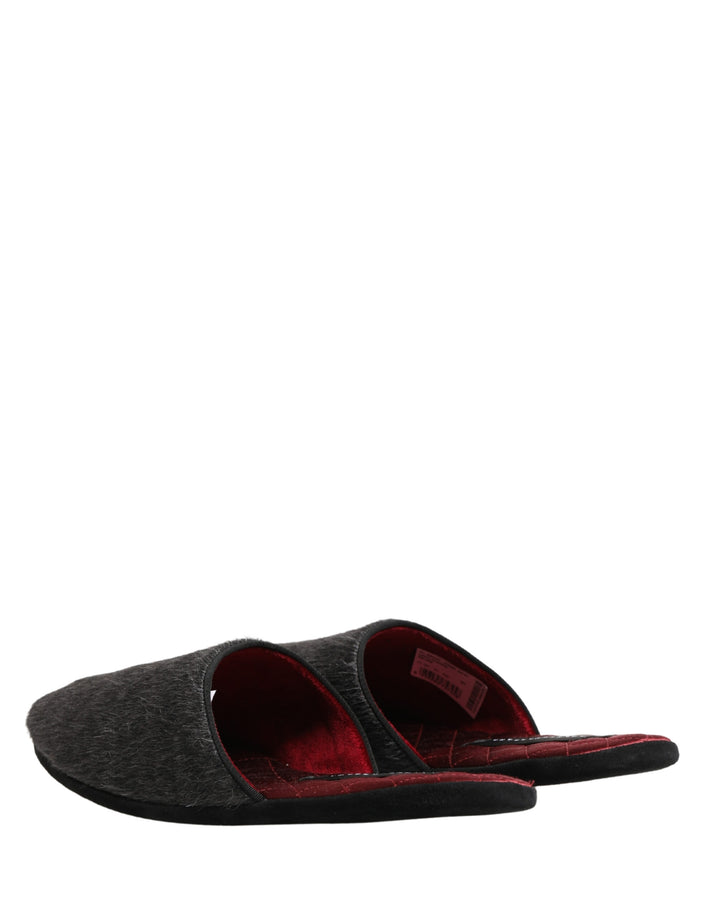 Dolce &amp; Gabbana Dark Grey Charcoal Wool Red Slippers Shoes