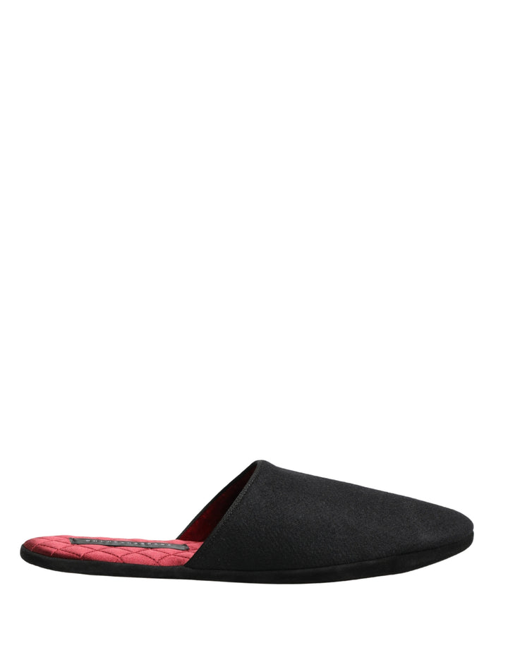 Dolce &amp; Gabbana Black Wool Cashmere Red Quilted Slippers Shoes
