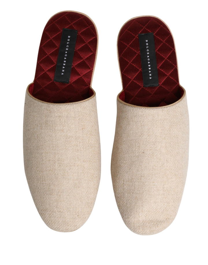 Dolce &amp; Gabbana Beige Shetland Wool Red Quilted Slippers Shoes